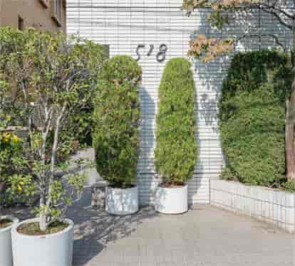 写真:道路からマンションの入り口を臨むと、壁沿いに置かれた鉢植えのすぐ上に、「518」というマンション名が見える